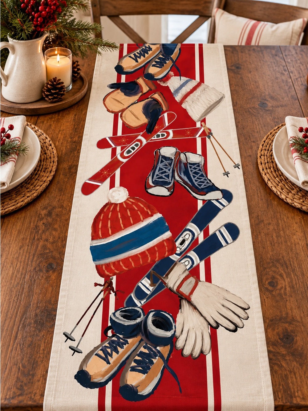 Small Ski Themed Table Runner 13x36 New Vintage Style
